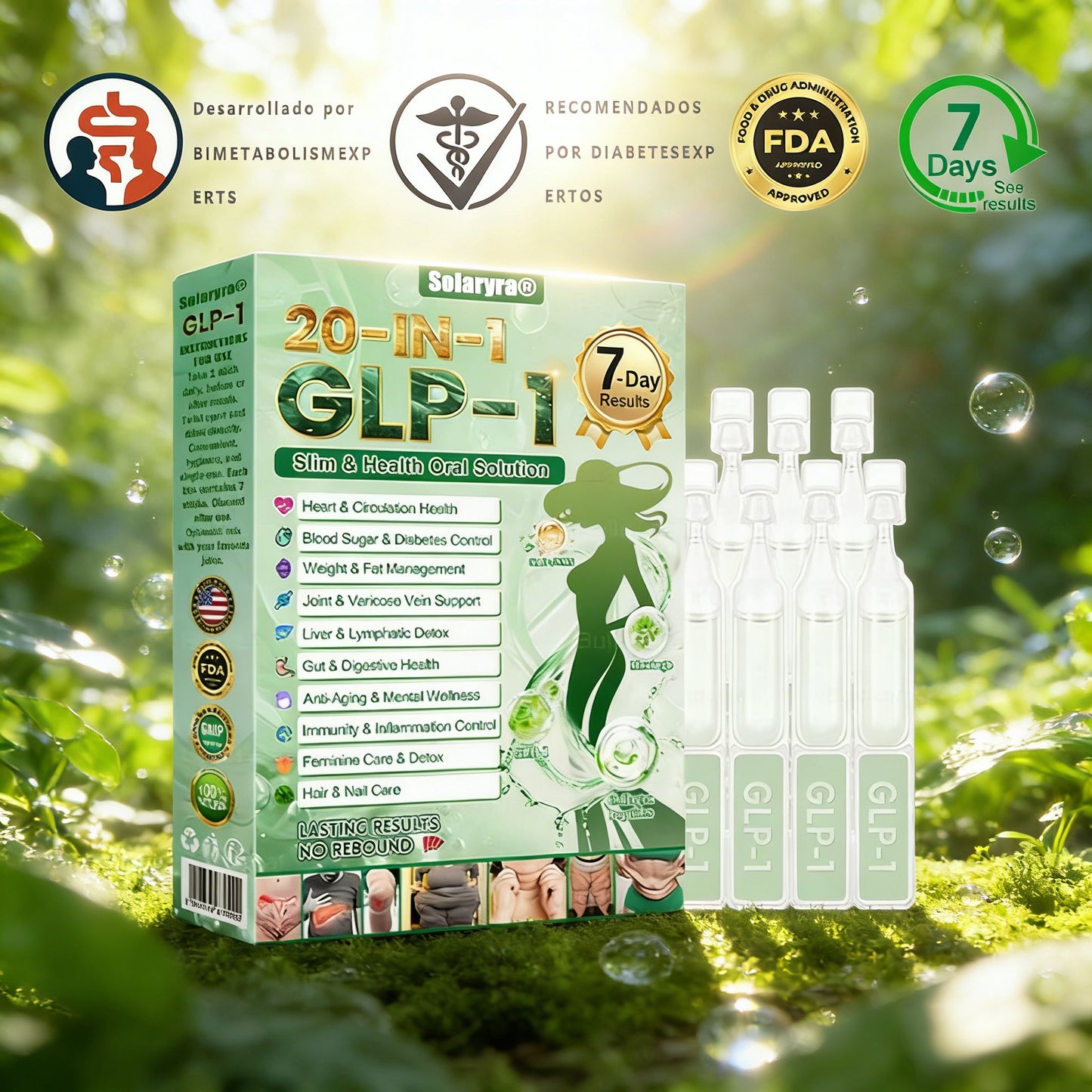 Solaryra® GLP-1 20 en 1 Suplemento Adelgazante (Resultados Visibles en 7 Días) ayuda a mejorar la obesidad, la salud cardiovascular, la diabetes, la salud intestinal, los problemas articulares, una piel más firme y un aumento de energía.-TJY