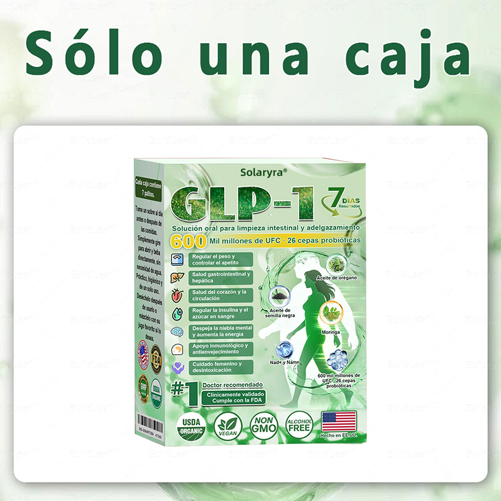 Solaryra® GLP-1 7-Day Intestinal Cleansing and Slimming Oral Liquid contiene 600 mil millones de probióticos vivos para ayudar con el control de peso, la digestión, el aumento de energía y la salud general. Resultados visibles en 7 días-TJY