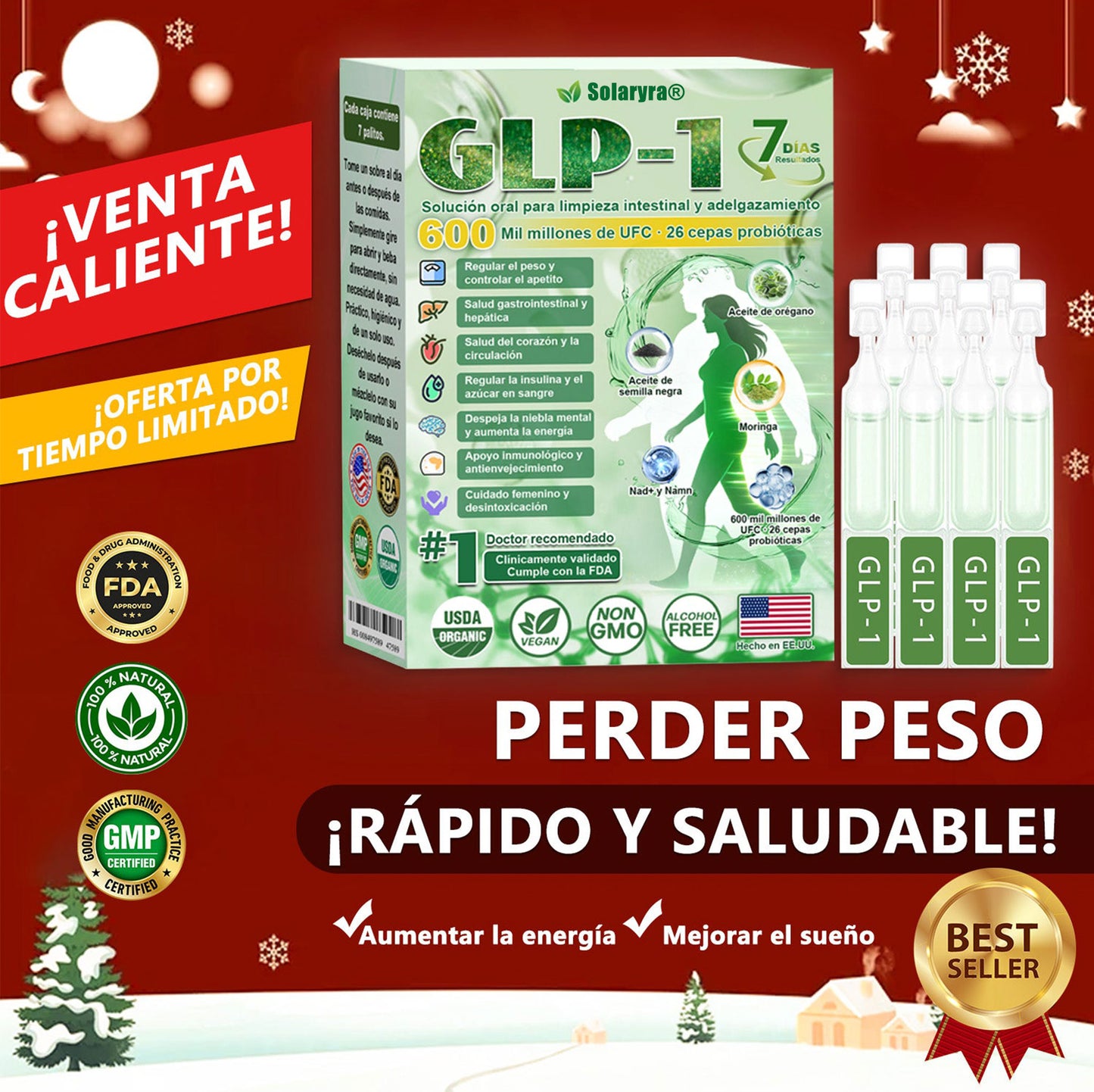 Solaryra® GLP-1 7-Day Intestinal Cleansing and Slimming Oral Liquid contiene 600 mil millones de probióticos vivos para ayudar con el control de peso, la digestión, el aumento de energía y la salud general. Resultados visibles en 7 días-TJY