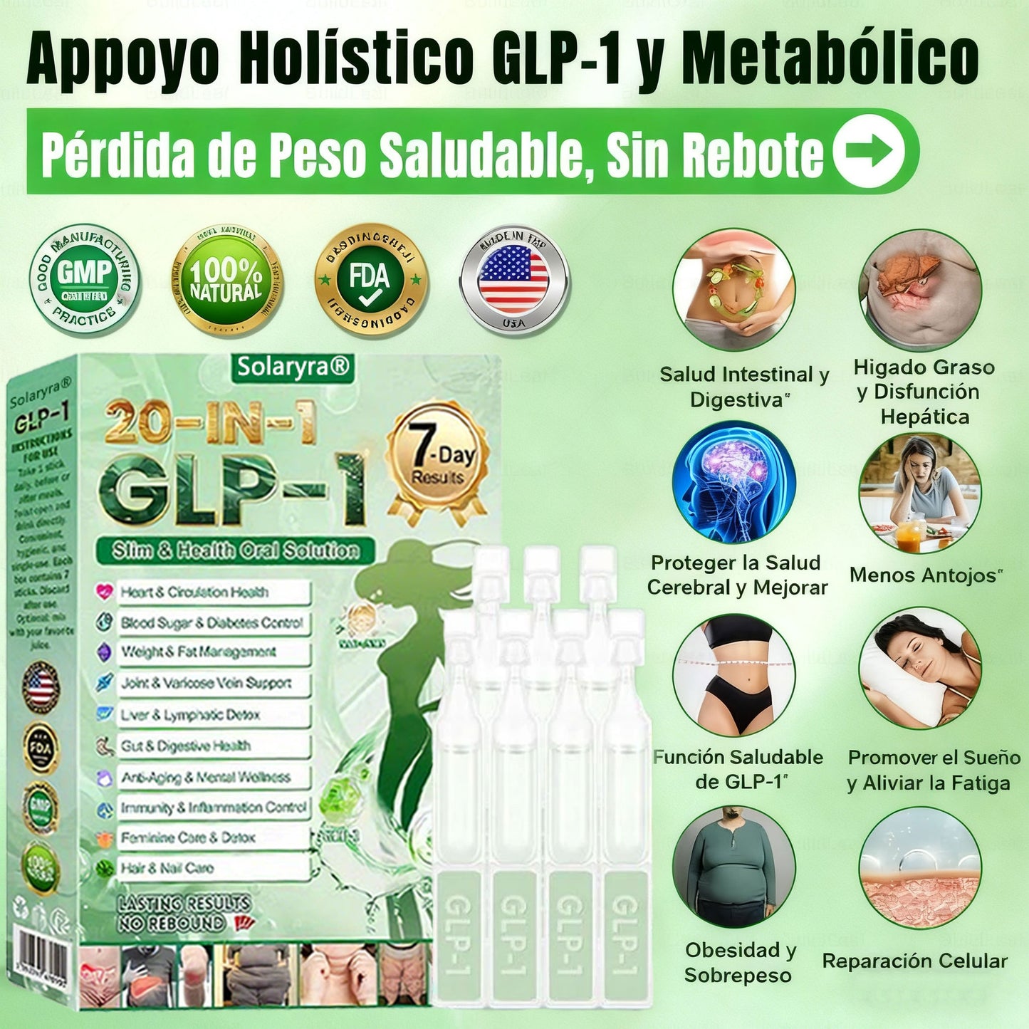 Solaryra® GLP-1 20 en 1 Suplemento Adelgazante (Resultados Visibles en 7 Días) ayuda a mejorar la obesidad, la salud cardiovascular, la diabetes, la salud intestinal, los problemas articulares, una piel más firme y un aumento de energía.-ZZQ