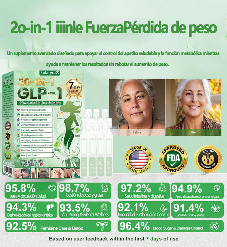 Solaryra® GLP-1 20 en 1 Suplemento Adelgazante (Resultados Visibles en 7 Días) ayuda a mejorar la obesidad, la salud cardiovascular, la diabetes, la salud intestinal, los problemas articulares, una piel más firme y un aumento de energía.-ZZQ