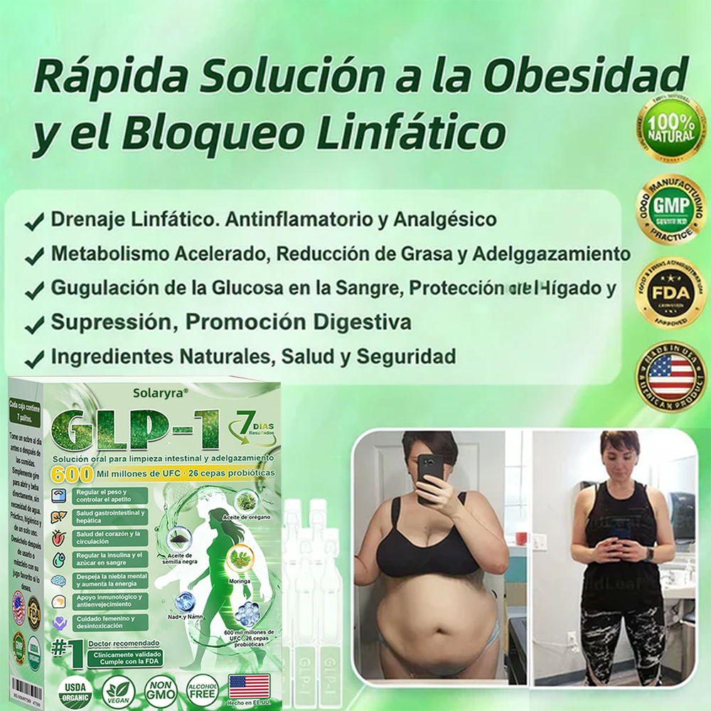 Solaryra® GLP-1 7-Day Intestinal Cleansing and Slimming Oral Liquid contiene 600 mil millones de probióticos vivos para ayudar con el control de peso, la digestión, el aumento de energía y la salud general. Resultados visibles en 7 días-TJY