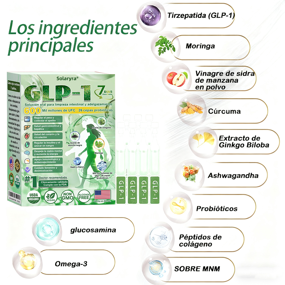 Solaryra® GLP-1 7-Day Intestinal Cleansing and Slimming Oral Liquid contiene 600 mil millones de probióticos vivos para ayudar con el control de peso, la digestión, el aumento de energía y la salud general. Resultados visibles en 7 días-TJY
