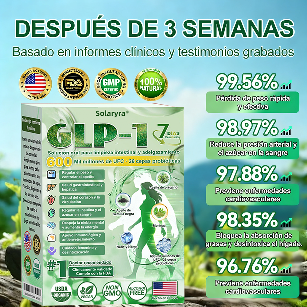 Solaryra® GLP-1 7-Day Intestinal Cleansing and Slimming Oral Liquid contiene 600 mil millones de probióticos vivos para ayudar con el control de peso, la digestión, el aumento de energía y la salud general. Resultados visibles en 7 días-TJY